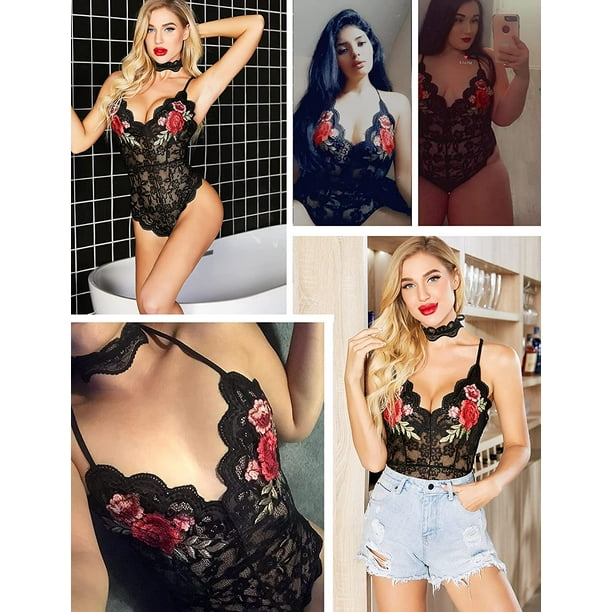 HTAIGUO Women Teddy Lingerie Sexy lace Bodysuit One Piece Babydoll  Embroidered Mini Bodysuit with Chocker 