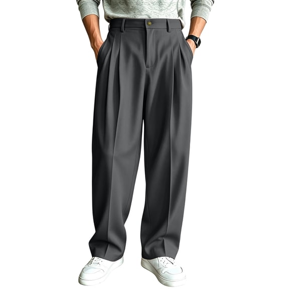 FGVCTG Mens Pleated Dress Pants, Classic Fit Stretch Waist Loose Lightweight Trousers Straight Casual Work Dress Slacks with Belt Loop Dark Gray M