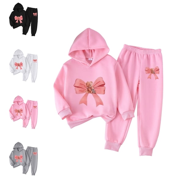 SGFCWSX Kids Tracksuit Girls Hoodie and Sweatpants Set Casual Cute Bear Bow Graphic 2 Piece Outfit Pink Size 7-8 Years