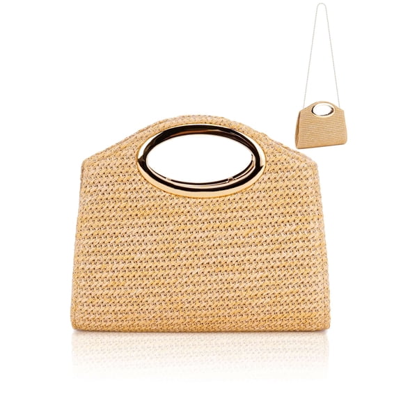 Gustave Straw Woven Clutch Purse for Women Boho Top Handle Evening Bag Summer Beach Shoulder Crossbody Handbag with Gold Chain