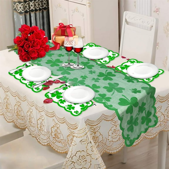 Irish Festival St. Patrick's Day Table Decoration Set, 1 Table Cloth & 4 Reusable Placemats with Festive Green Shamrock Pattern, Polyester Material, Perfect for Holiday Dining & Parties