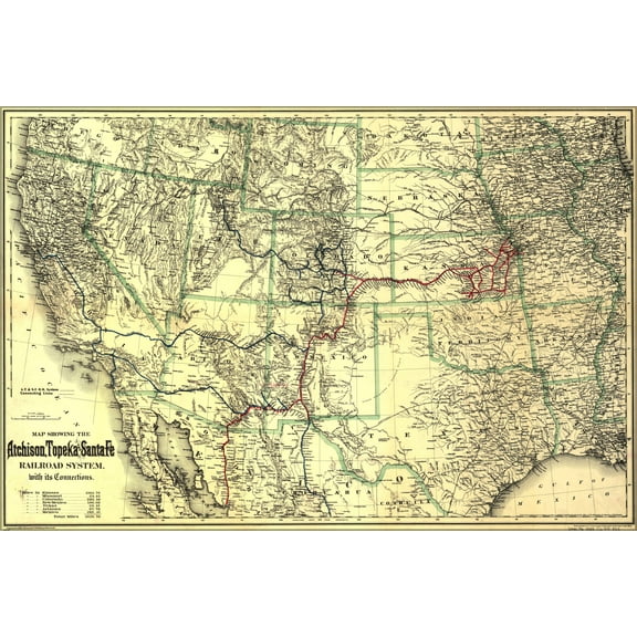 24"x36" Gallery Poster, Map showing the Atchison, Topeka and Santa F Railroad 1883
