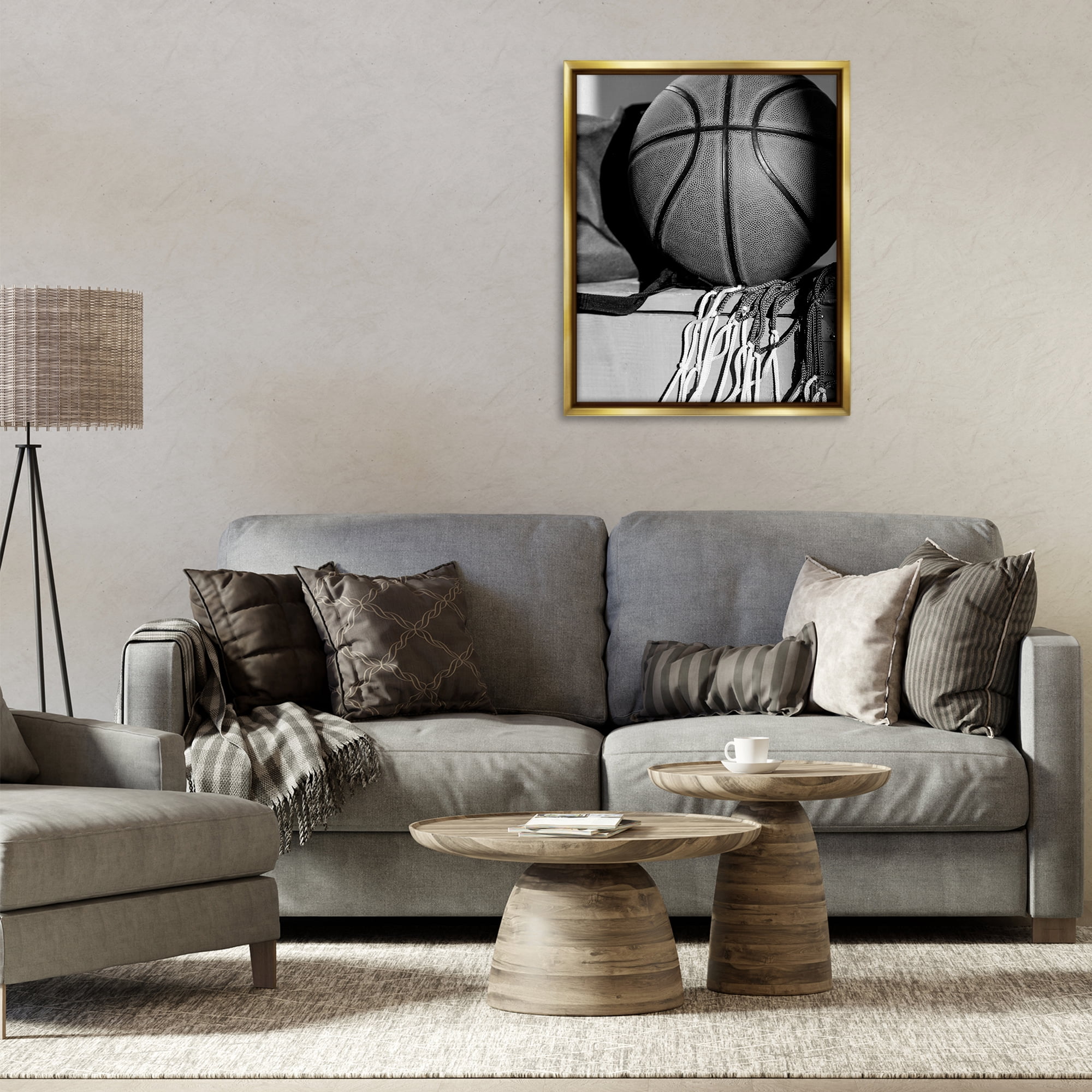 Stupell Industries Basketball Sport Still Life Sports Photography Gold Floater Framed Canvas Art Print Wall Art, 25 x 31