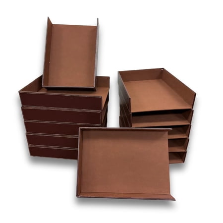 12 Pack Premium Stackable 15 Brown Faux Leather Document Trays with Stitched Trim – Office Paper Trays for Home Office Desk Organization Mail Sorting Files & Reception Areas - Bulk Set