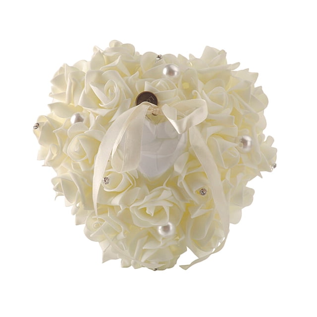 Cojín de anillo blanco lechoso con forma de rosa, cojín decorativo con forma de corazón para ceremonia de compromiso de boda sin anillo.