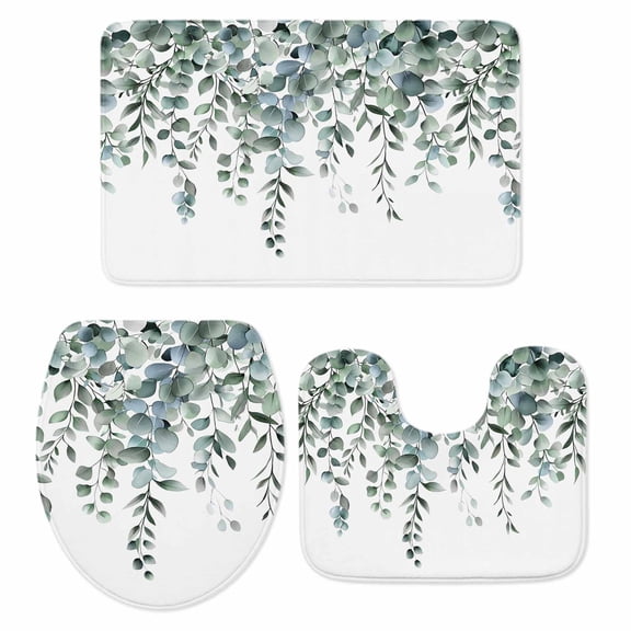 Green Eucalyptus Leaves Bath Mat 3 Piece Bathroom Rug Set, Summer Botanical Watercolor Non Slip Bath Rug Contour Mat and Toilet Lid Cover, Absorbent Shower Mats Soft Bath Rugs and Mats Sets