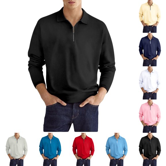 KeShDi Men's T-Shirts Men's Solid Color Sport Shirt with Zip-Up Lapel Long Sleeve Lapel Top/Shirt Gray 2X