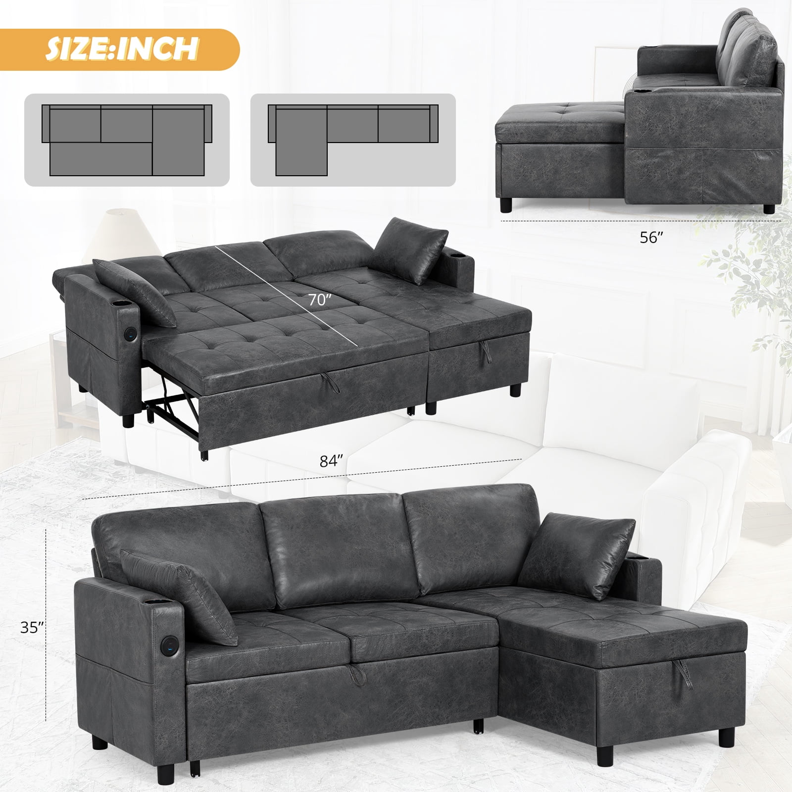 ACMEASE 84" Suede Leather Sectional Sofa w/Adjustable Backrests, Pull Out Sofa Bed w/USB Charger Port& Reversible Storage Chaise,Convertible L-Shaped Sofa with Cup Holders for Living Room, Gray