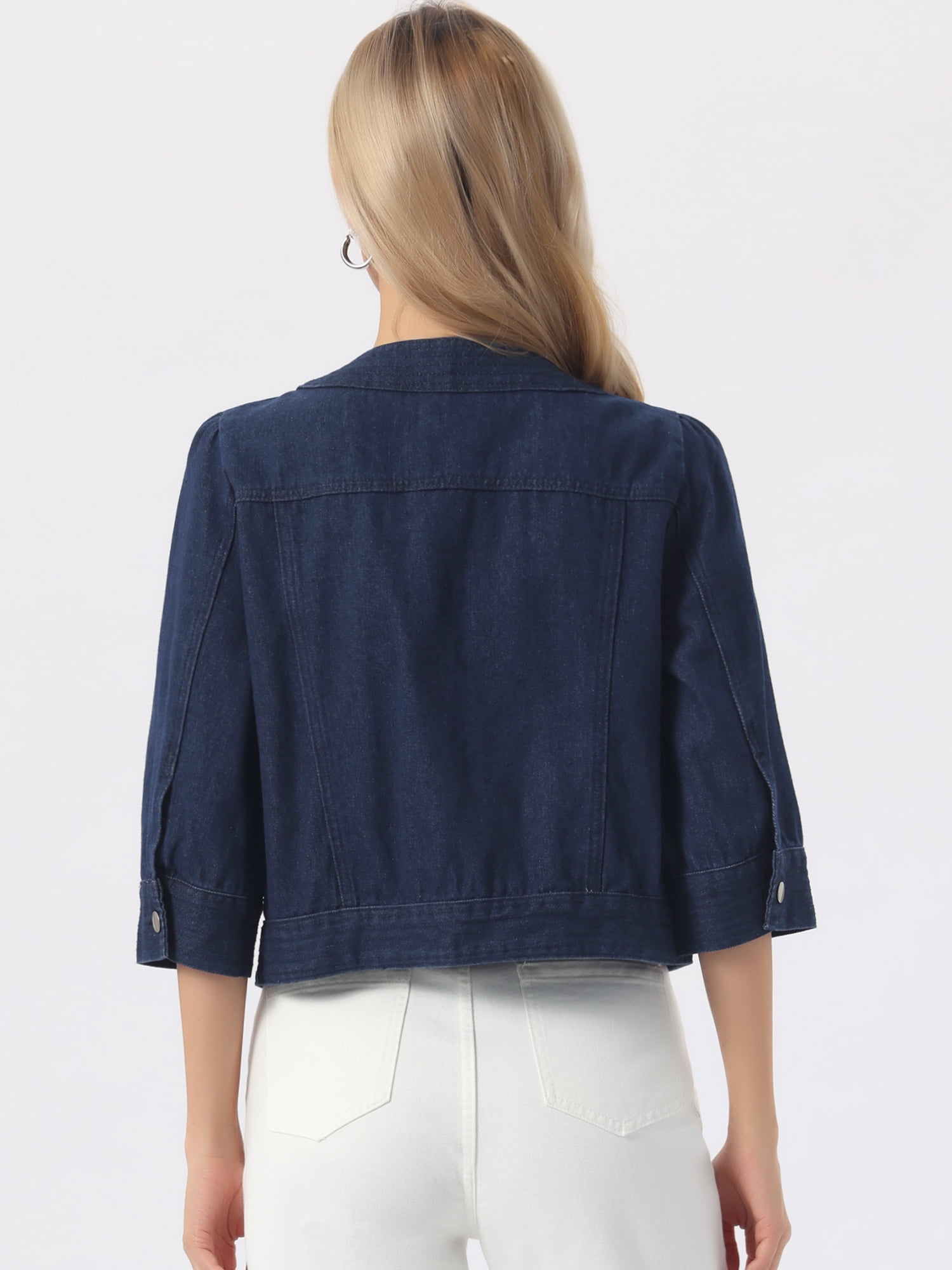 DARING DIVA Women's Casual 3/4 Sleeve Button Up Cropped Denim Jacket L Dark Blue
