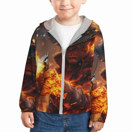 

Ocsxa Western Fire Cowboy Print Kids Active Zipper Sun Protection Jacket Boys Girls Hooded Cooling Shirt-5 Years