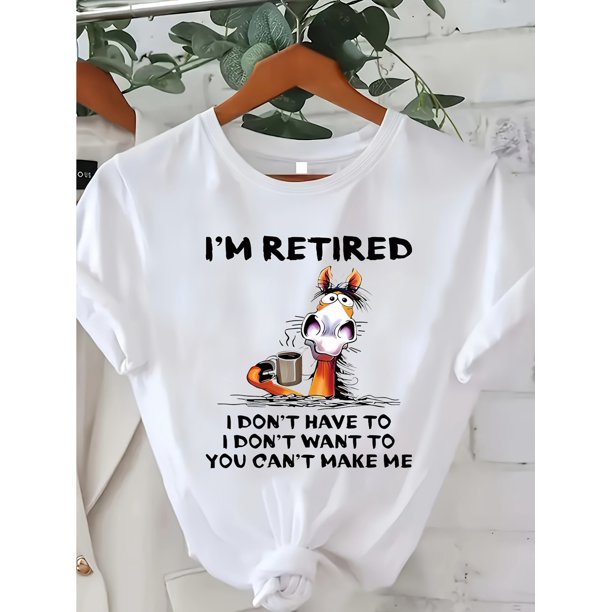 Plus Size Women's Casual T-Shirt with Humorous "I'm Retired" Cat Print - Short Sleeve, Round Neck, Cotton, Machine Washable - Perfect for Everyday Fashion, Cat Shirt