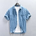 thumbnail image 3 of Plaid Denim Shirt for Men Short Sleeve Cotton Casual Cowboy Tops Loose No Elasticity Shirts, 3 of 6