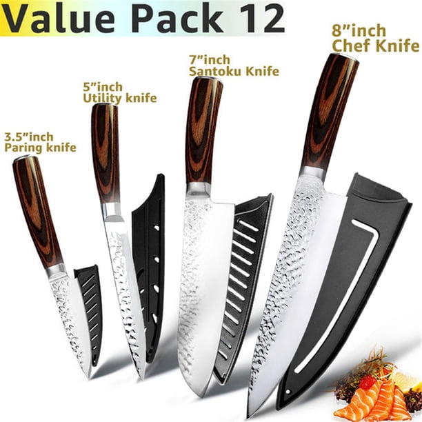 Juego de Cuchillos de Cocina Cuchillos Chef Santoku Cuchillos Japoneses de Acero Inoxidable Cuchillos Utilitarios con Hoja Martillada Forjada Ultra Afilada para Cortar, Rebanar y Cortar