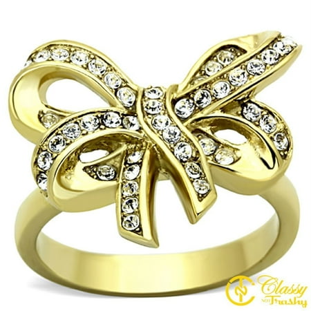 Clear Crystal Cocktail Ring - Classy Not Trashy® Women's Gold Colored Lust Crystal Bow Cocktail Ring, Clear - Size 5