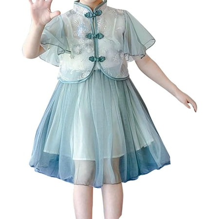 

Summer New Tang Suit Solid Color Mesh Girl Fairy Sling Dress With Outer Shirt Kids Party Dresses