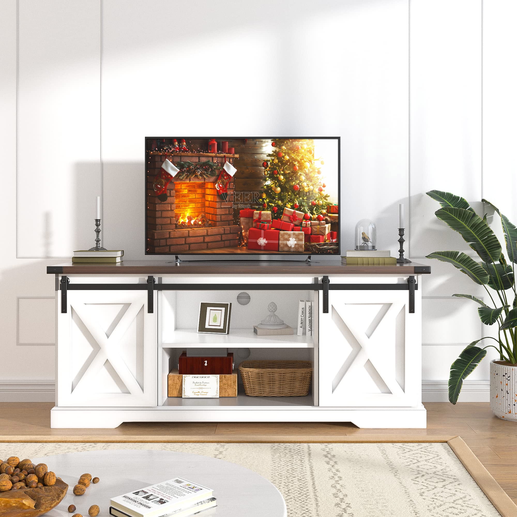 Chvans Farmhouse Barn Door TV Stand for up to 65" TVs & 23" Electric Fireplace, Entertainment Center Console Table with Adjustable Shevles