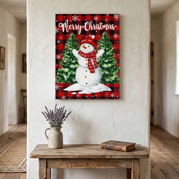 Ships Next Day Canvas Wall Art 8"x10",Christmas Snowman Wood Framed Canvas Print Painting,Winter Xmas Trees Red Black Plaid Snow Ready to Hang Small Picture Wall Decor for Bathroom Nursery Office