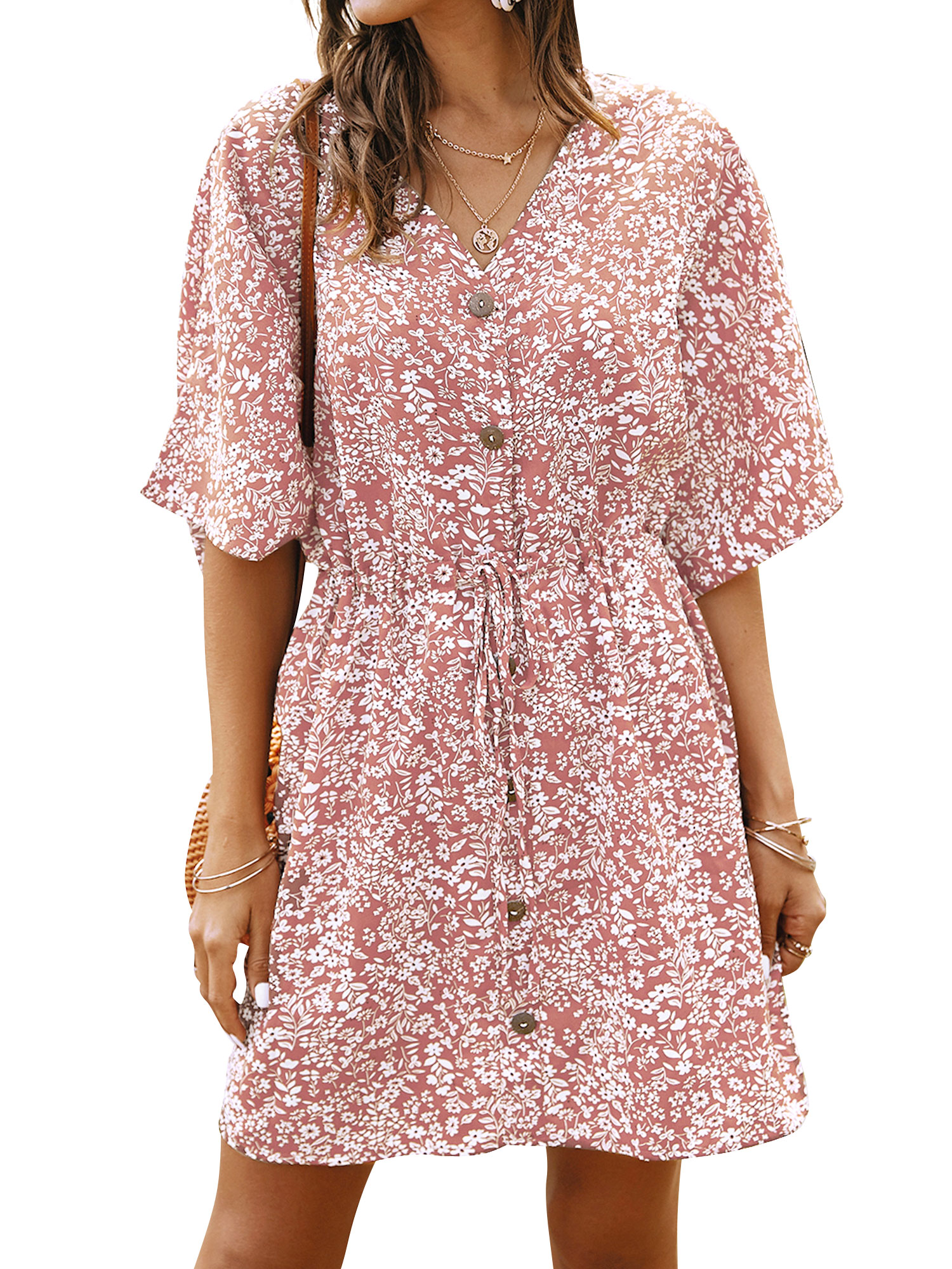 ZXZY Women Floral Printed Buttons Tie Waist Short Sleeves Mini Dress - image 1 of 12