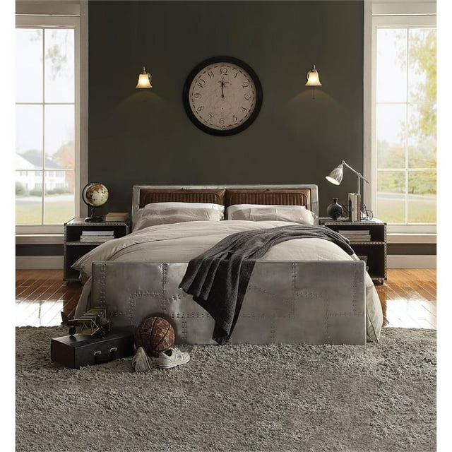ACME Lit Plateforme Grand en Cuir Brancaster avec Rangement en Brun Rétro et Gris
