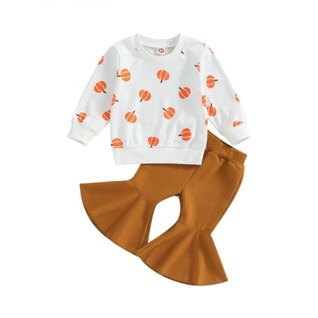 

Qtinghua Toddler Baby Girls Halloween Outfits Pumpkin Print Sweatshirt with Elastic Waist Flare Pants Clothes White 2-3 Years