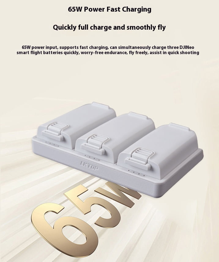 65W Fast Drone Battery Charger Hub - Bigcan Triple Charging Station for DJI Neo Flight Batteries, Dual Mode Output, Power Bank Function, 115x75x15mm Portable Size