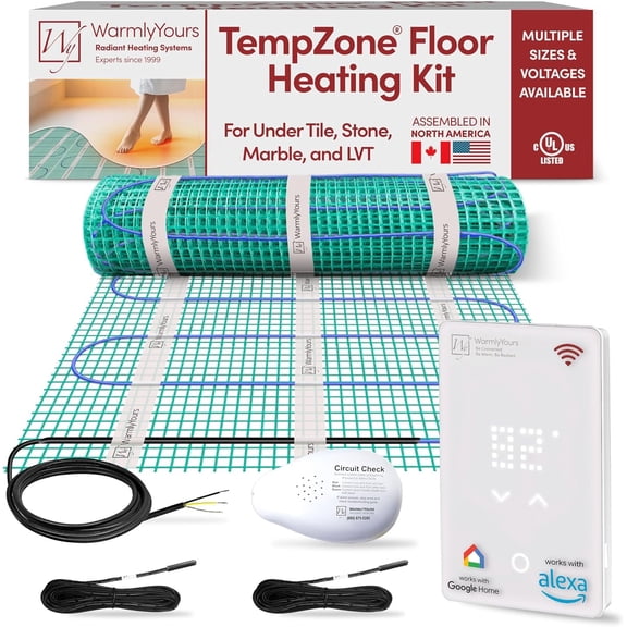 WarmlyYours 12 Sqft Heated Floor Mat Kit with UWG5 WiFi Thermostat, Sensors, Install Tester - 240V Electric Radiant Floor Heating System, TempZone Radiant Floor Heating Mat under Bathroom Tile, Vinyl