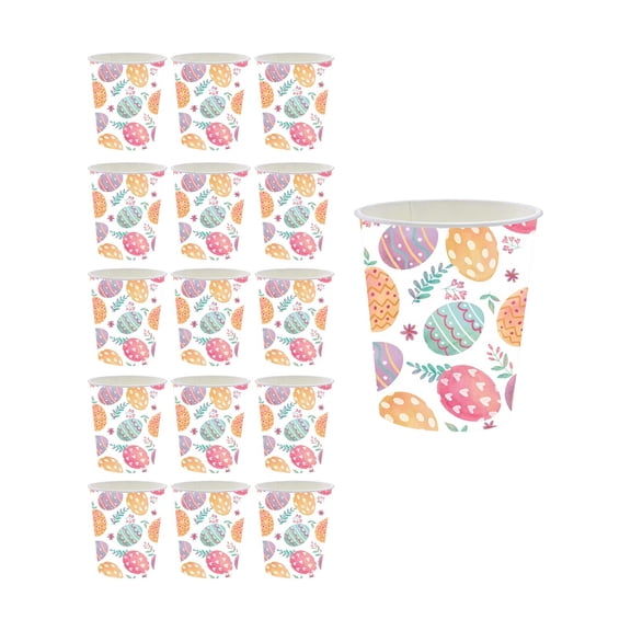 Beautynvta Easter Egg Theme Party Tableware Set, 16 Pcs 9'' Happy Easter Colorful Eggs Pattern Disposable Paper Cups for Spring Celebration, Picnic, Serves 16 Guests