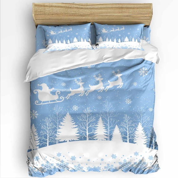 Light Blue Christmas King Size Comforter Set, Xmas Reindeer Tree Winter Snowflake Soft Bedding for All Seasons, 4 Pcs Bed Set with 1Comforter (90"x106") ,1 Sheet(94"x116"), 2 Pillowcases (19"x35")