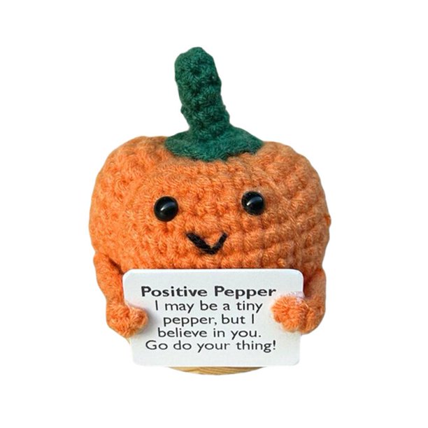 LUVCLS Mini muñeca de pimiento positiva divertida, juguete de pimiento de punto colorido con tarjetas positivas, muñeca de pimiento positiva tejida con tarjetas de felicitación alentadoras, buen reg