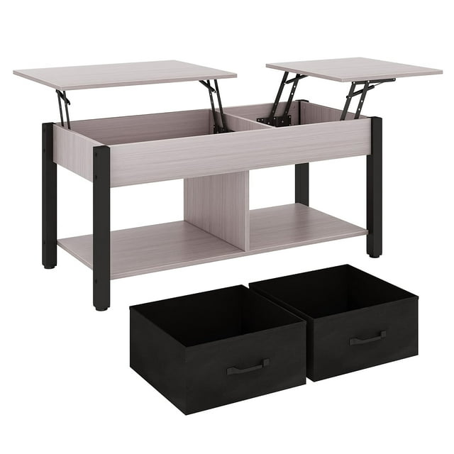 TOYTEXX Table Basse à Plateau Relevable 2 Voies, Bois Rustique avec Compartiments Cachés et 2 Paniers de Rangement en Tissu, Gris