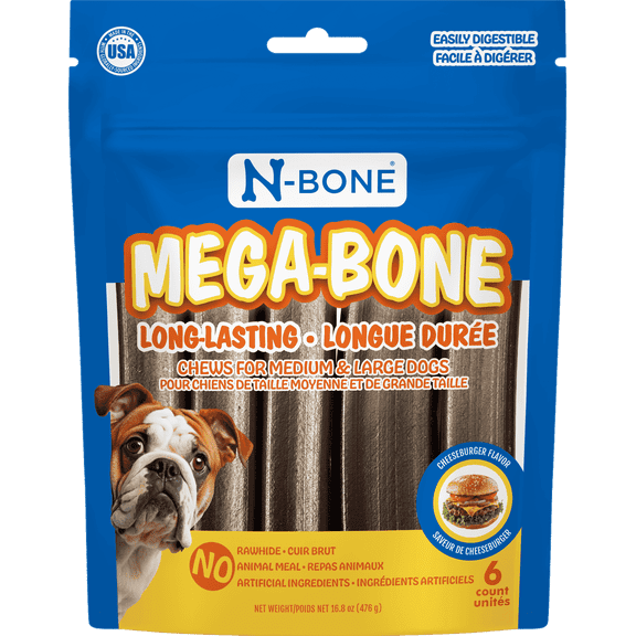 N-Bone Mega-Bone Dog Bones, Long Lasting Chew Bones, Dental Treats for Medium Dogs and Large Dogs, Cheeseburger Flavor, 6 Count, 16.8 oz
