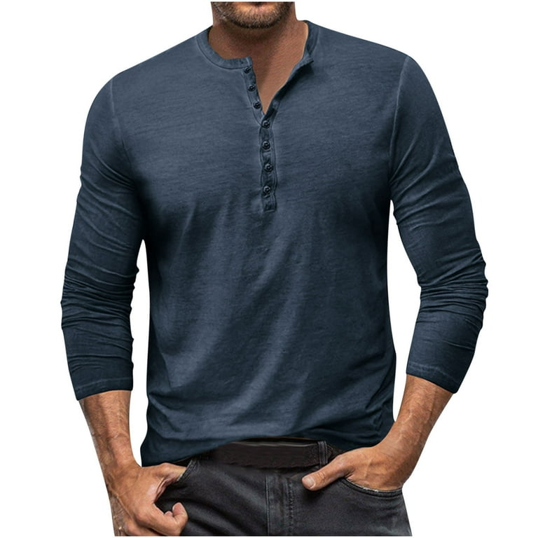 Tuphregyow Men s Leisure Henleys Neck Soft Tops Clearance Regular Fit Wrinkle Free Pullover Shirts Long Sleeve Quick Dry Pleated Buttons Up Tunic Hawaiian Travel Outdoor Blouse Retro Solid Blue M Walm...