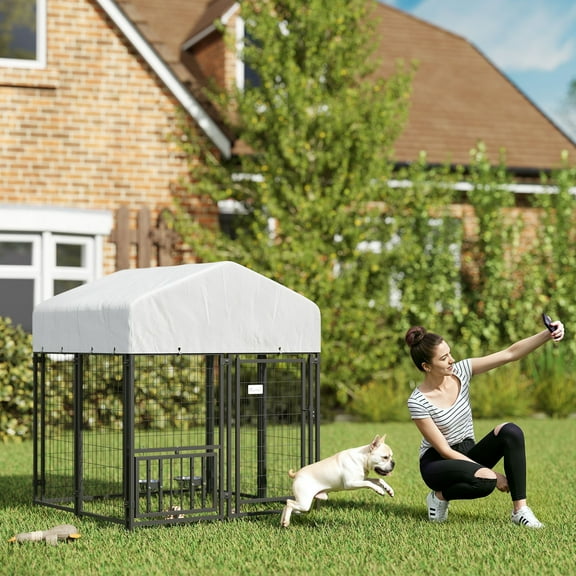 PawHut Outdoor Dog Kennel, Welded Wire Dog Run with 360° Rotating & 4 Levels Adjustable Bowls, Waterproof & UV Resistant Cover, 3.9' x 3.9' x 4.5'