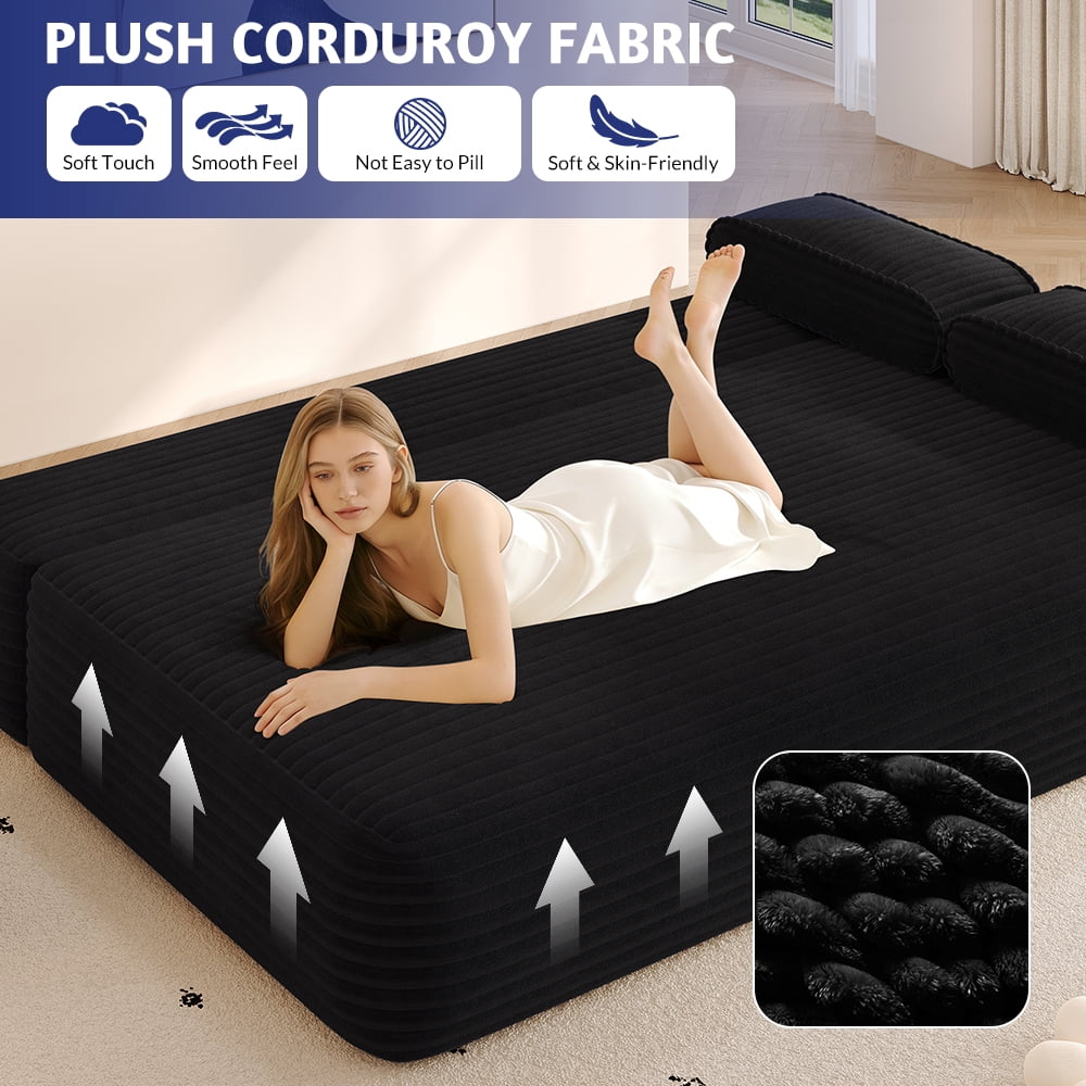 Miniyam 78.7" Sleeper Sofa Bed, Convertible Corduroy Floor Couch, No Assembly, 3 Pillows, Black