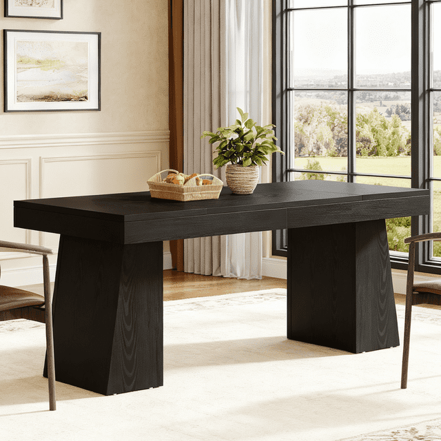 Fnova 55" Modern Dining Table, Mid-Century Wood Rectangular Writing Desk, Computer desk with Double Trapezoid Base, Seats 4-6 - Perfect for Home Office, Dining Room, Kitchen & Living Room