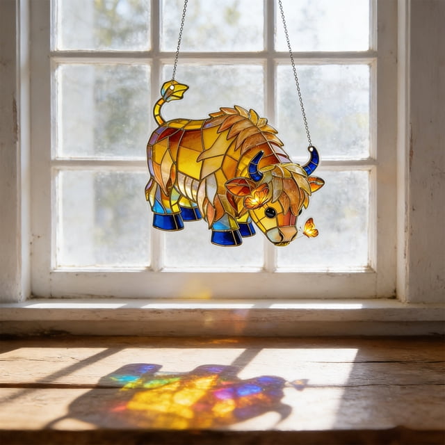 Atrapasol de Ganado Acrílico 2D para Ventana, Adorno Colgante con Cadena de Vitrales Que Filtra La Luz para Decoración de Interiores y Exteriores.