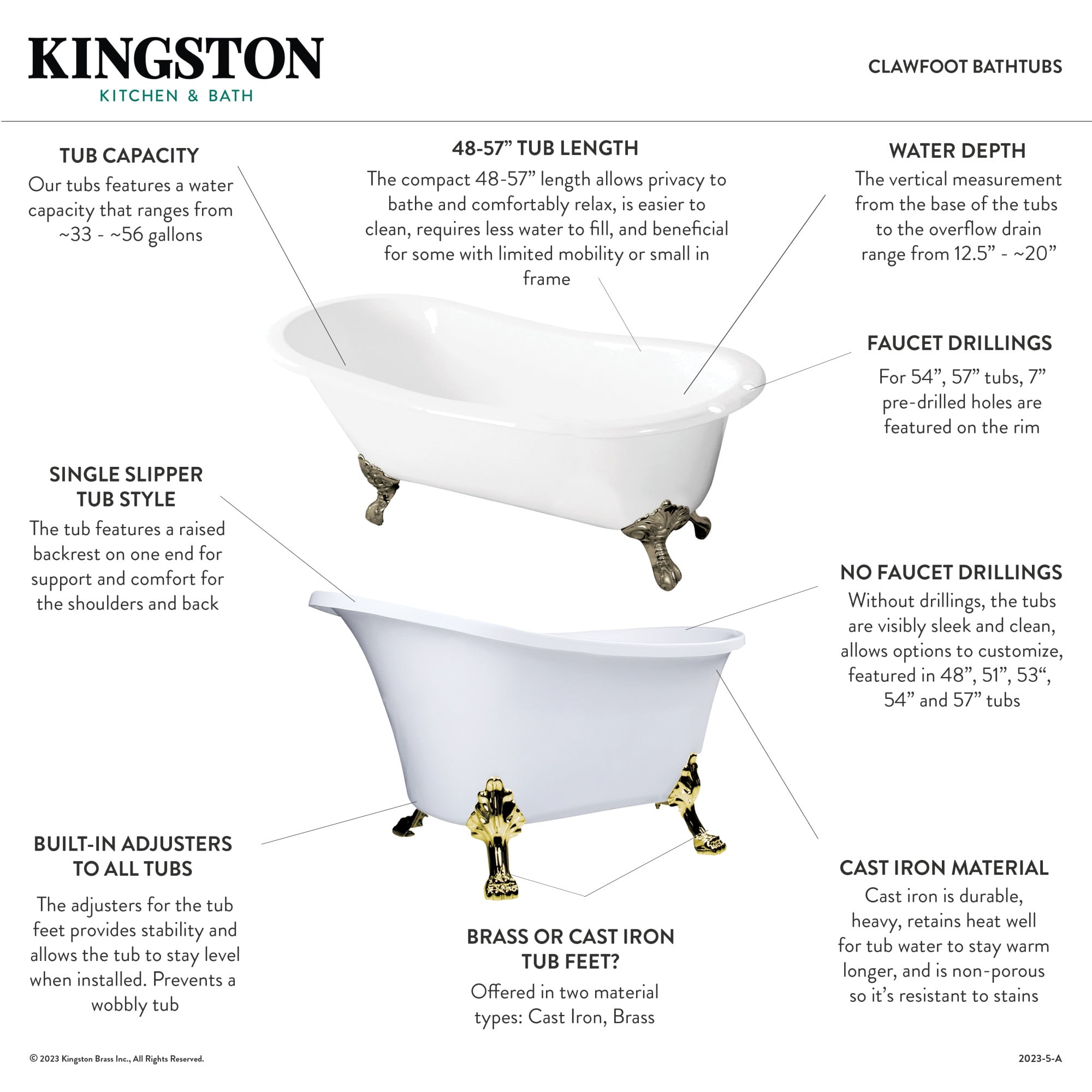 Aqua Eden VCTND5431B8 54" Cast Iron Oval Single Slipper Clawfoot Tub (No Faucet Drillings), White/Brushed Nickel