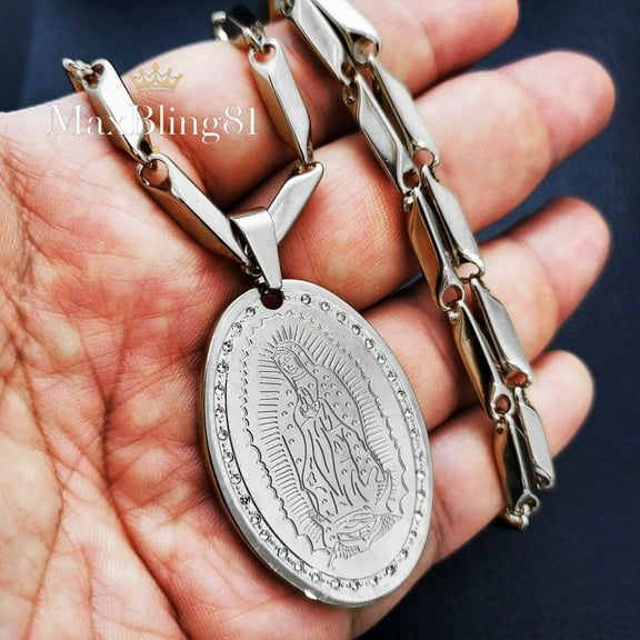 Stainless Steel Silver Plated Virgin Mary Guadalupe CZ Pendant & 4mm 30" Bullet Chain Necklace