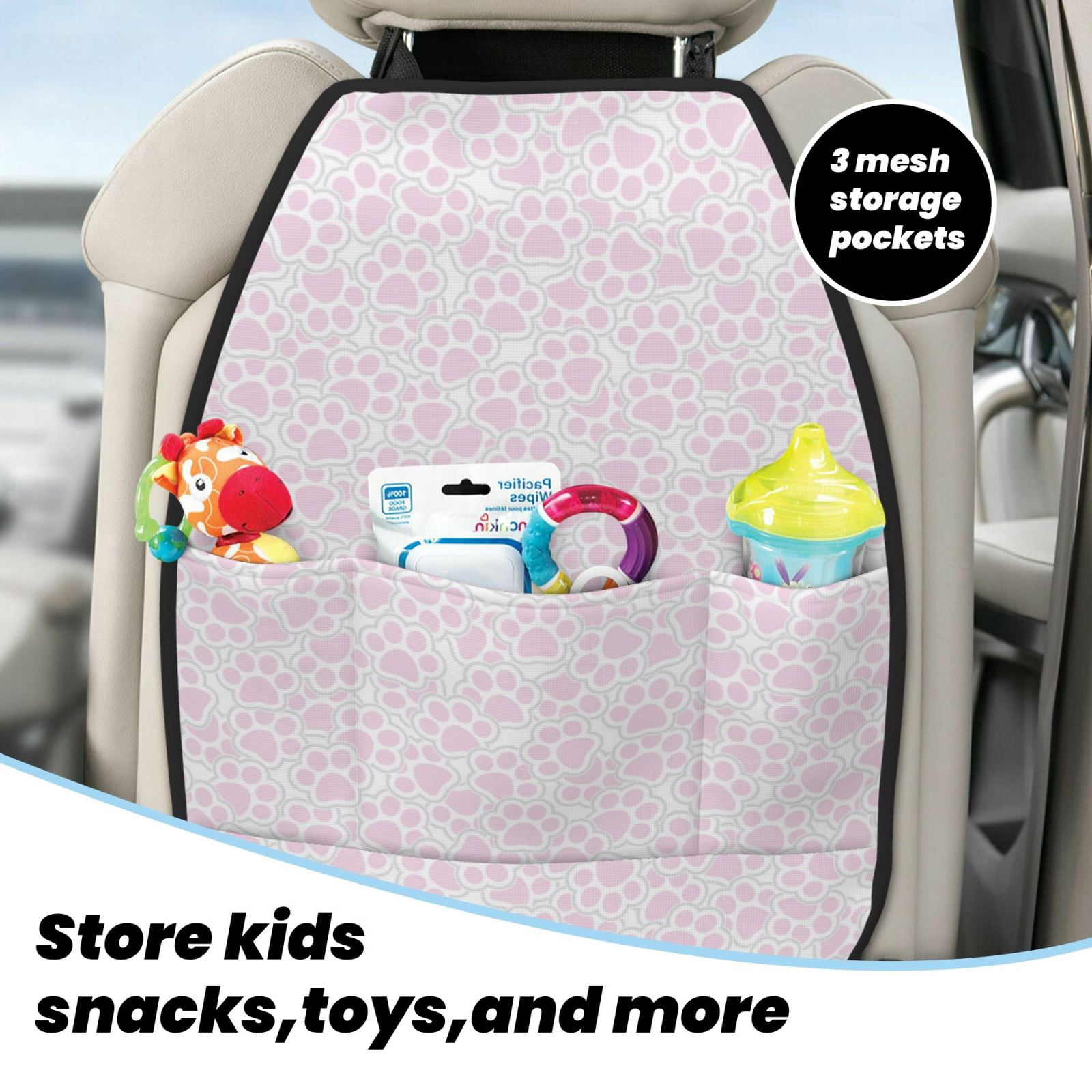 Xecao Cat Paw Pattern Car Seat Back Protector 2 Pack Large Capacity Pocket, Kick Mats Back Seat Protector