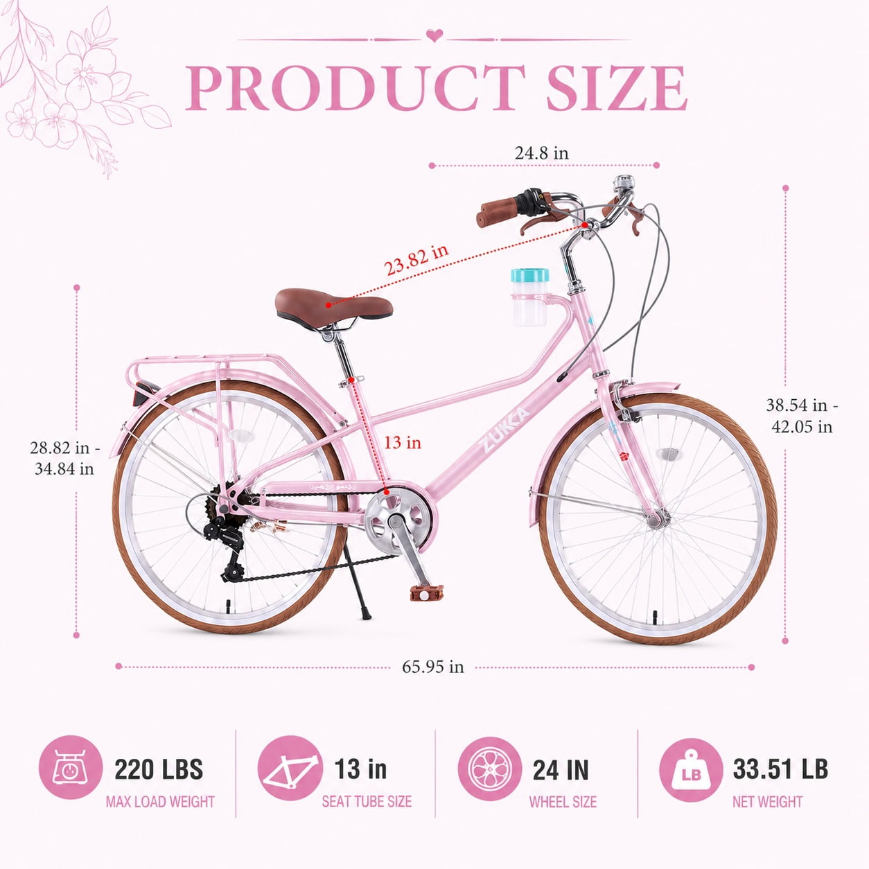 Aukfa 24 Inch Women's Cruiser Bike, 6-Speed Step-Through Commuter Bicycle with Cup Holder & Rear Rack,Pink