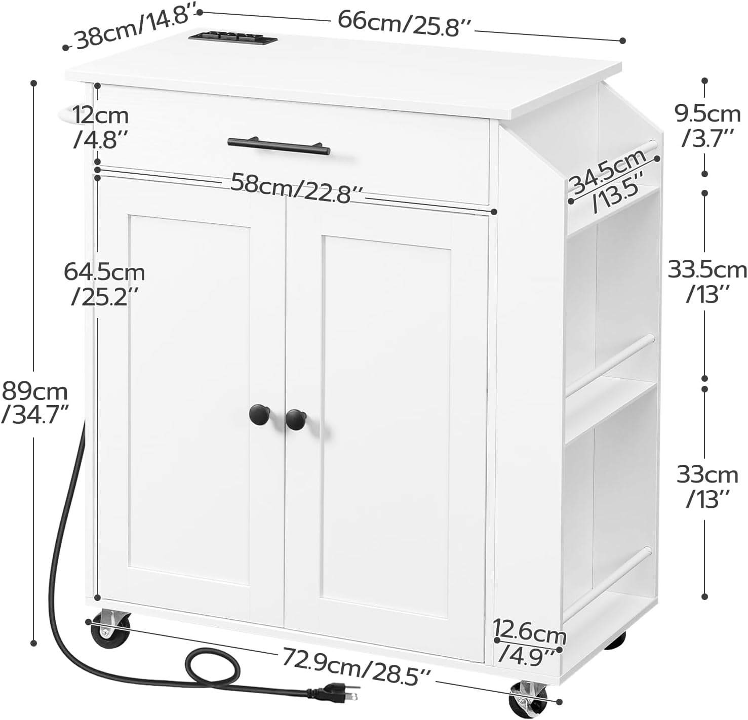 HOOBRO Rolling Kitchen Island with Power Outlet, Spice Rack & Drawer, White