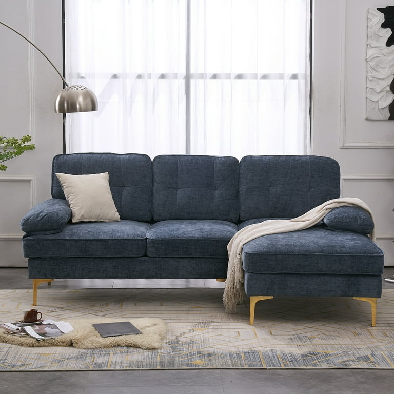 Ktaxon L Shaped Sectional Sofa, 83 Chenille Fabric Upholstered Tufted  Couch, 3 Seats Wide Chaise Lounge for Living Room Gray-Blue 