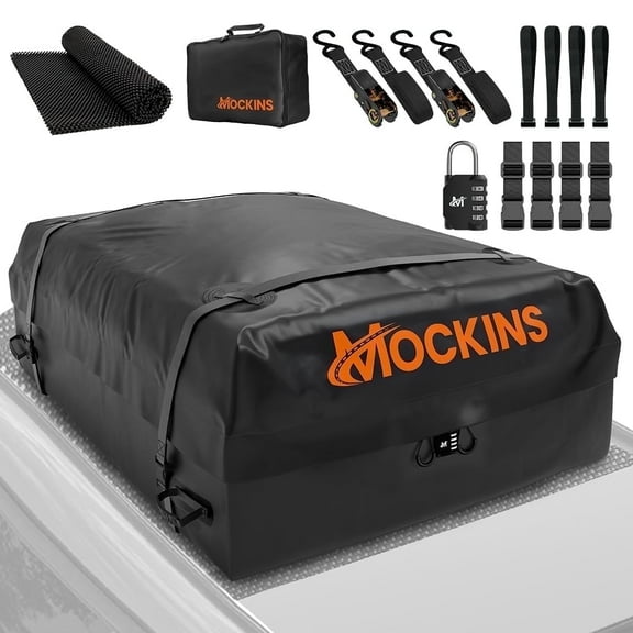 Mockins 25 Cu Ft. Black Waterproof Roof Top Cargo Bag  (60"x43"x17") with Roof Pad, Straps, Hooks, Lock & Carry Bag