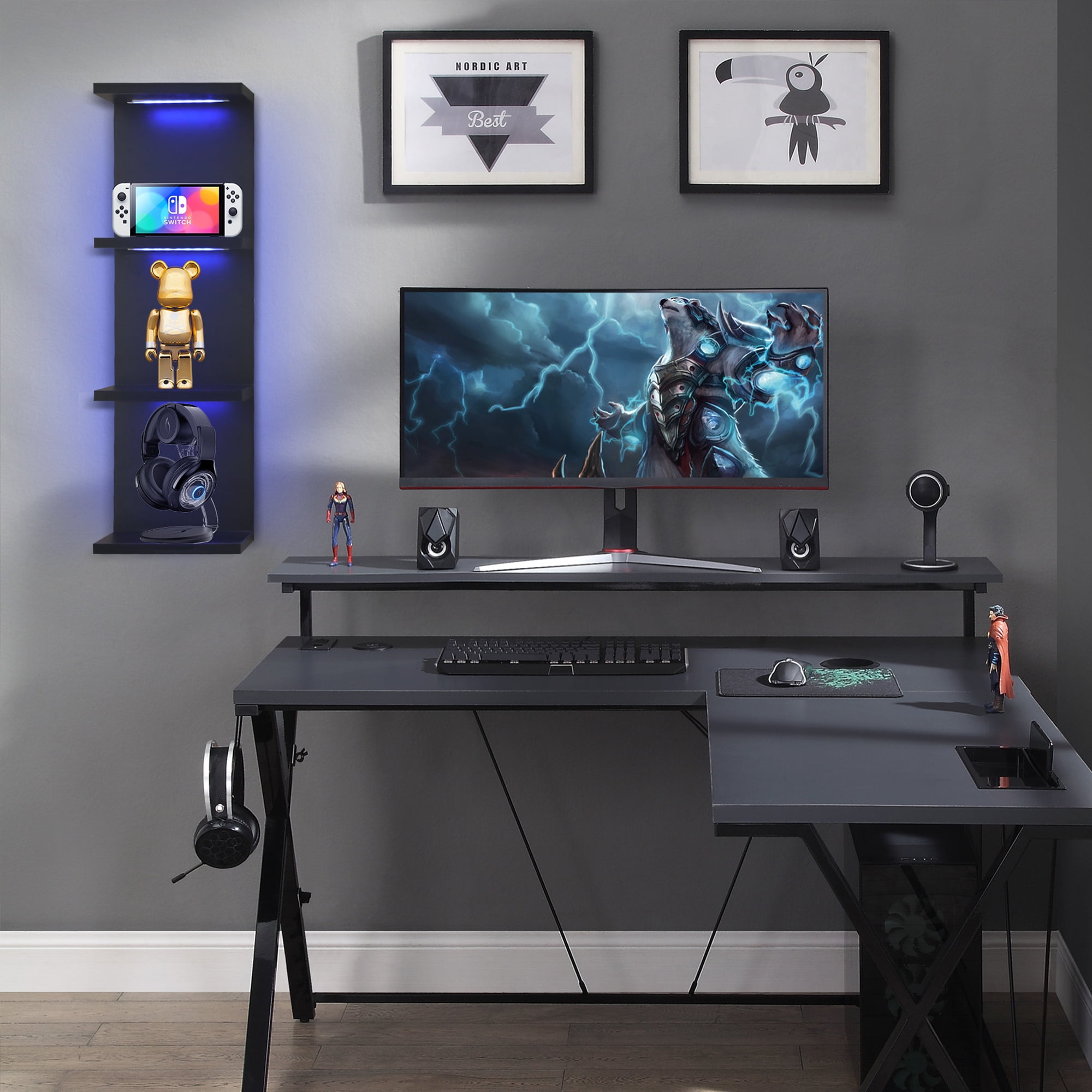 Versatile 4 Tier Wall Shelf Unit,Black Lack Wall Shelf,Display Floating Shelf with RGB Remote Control Light