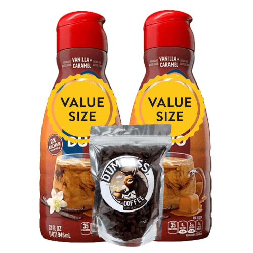 Shelf-stable Non-Dairy Liquid Coffee Creamer.- Two (2) 32 fl oz Bottles of Creamy (Vanilla & Caramel) with D.A Coffee Beans