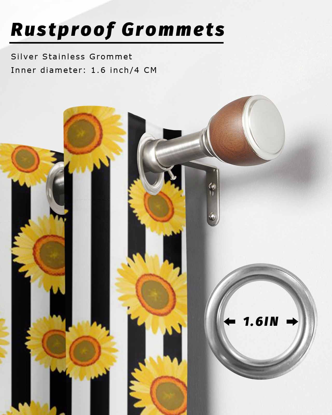 Yellow Sunflower Outdoor Curtains for Patio, Black White Stripe Farmhouse Privacy Drapes Grommet Waterproof Outside Curtains for Porch/Cabana/Balcony 54"x 108", 1 Panel