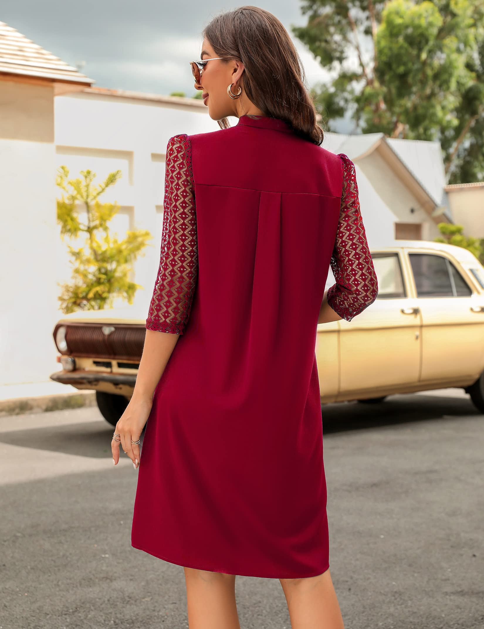 Oyang Women s Tunic Dress Lace 3 4 Sleeve Shift Dress V Neck