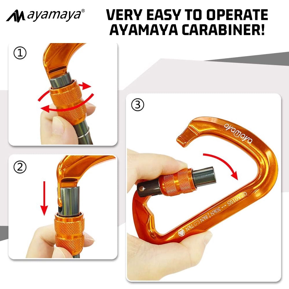 3PACK AYAMAYA Climbing Carabiner, Aluminum D Ring Locking Clip Hook, Screw Locking Screwgate Carabiners,Screw Lock Hook for Traveling Camping (Orange)