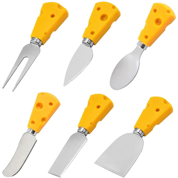Juego de 6 cuchillos para queso, pequeños y bonitos cuchillos y tenedores para queso con mango de plástico, colección completa de cuchillos para queso de acero inoxidable para reuniones familiares,