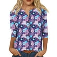 thumbnail image 1 of nuevo cuello de botón para mujer estampado de moda mangas 3/4 camiseta con estampado retro top delgado tops casuales púrpura / s, 1 of 5
